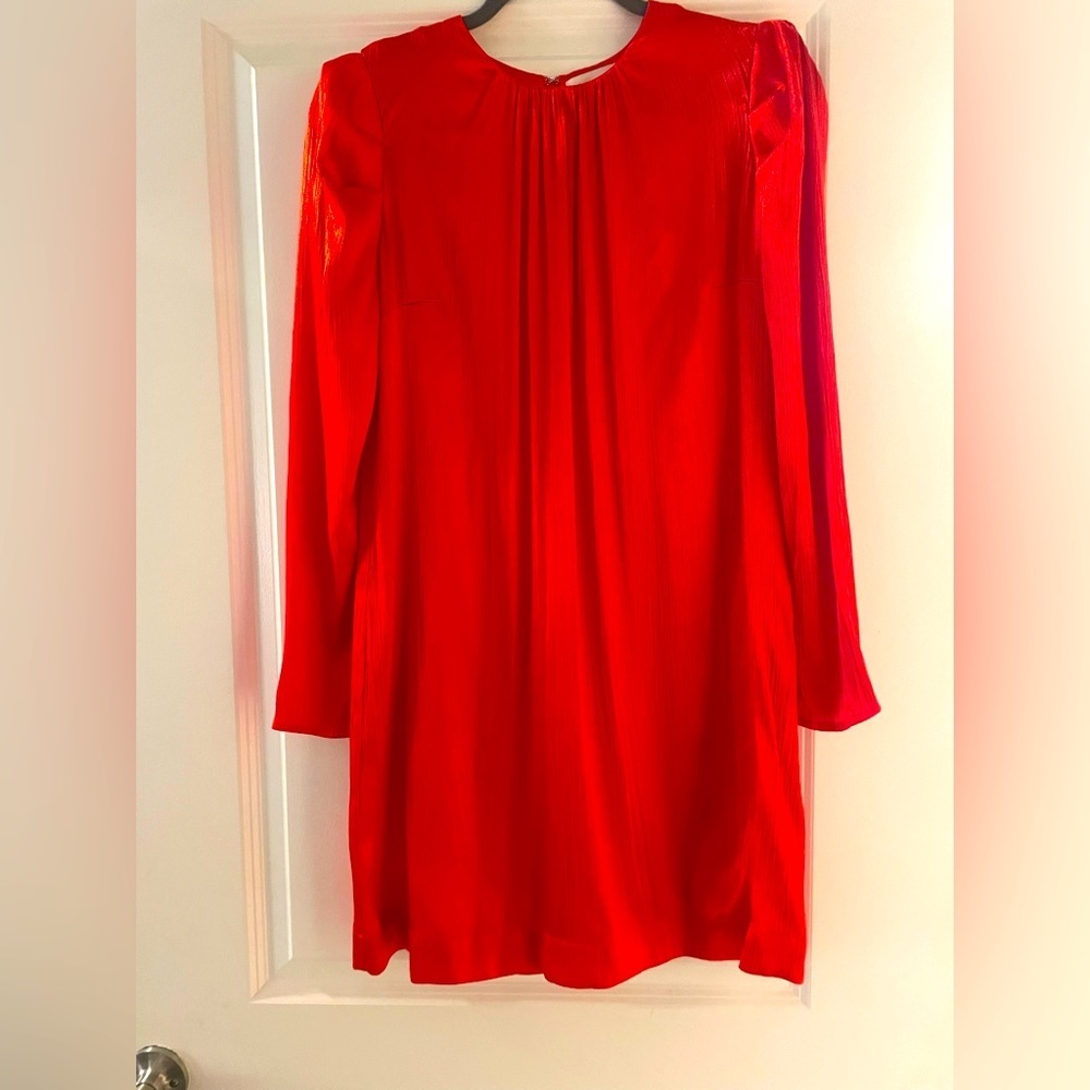 Nine West‎ Long Sleeve Shiny Red Mini Shift Dress Size Small Holiday Party
